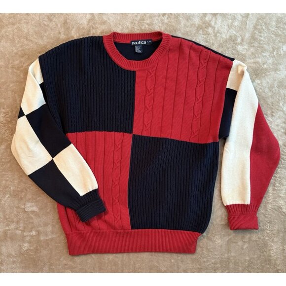 Vintage 90’s Nautica Red White & Blue Colorblock Cable Knit Sweater Large Preppy